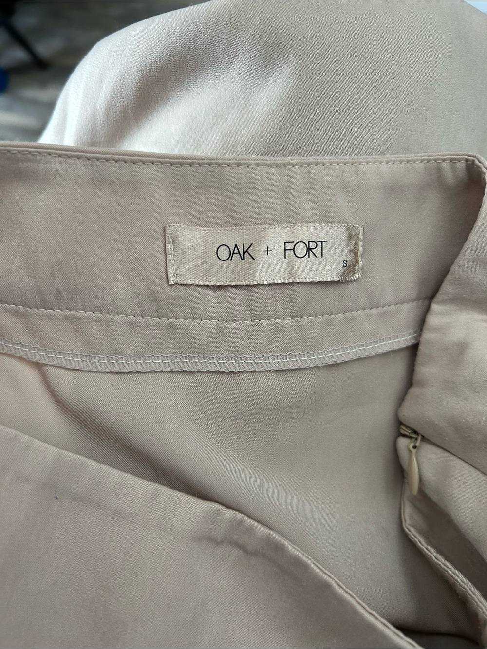 Oak + Fort Satin Asymmetrical Nude Beige Lightweight High Waisted Midi Skirt - Picture 4 of 5